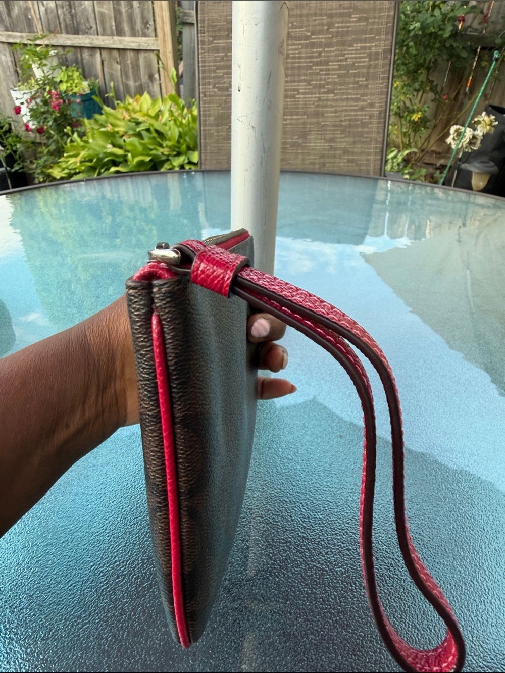 Coach Brown Signature Wristlet with Aloha Patch and Pink Trim - Picture 2 of 7